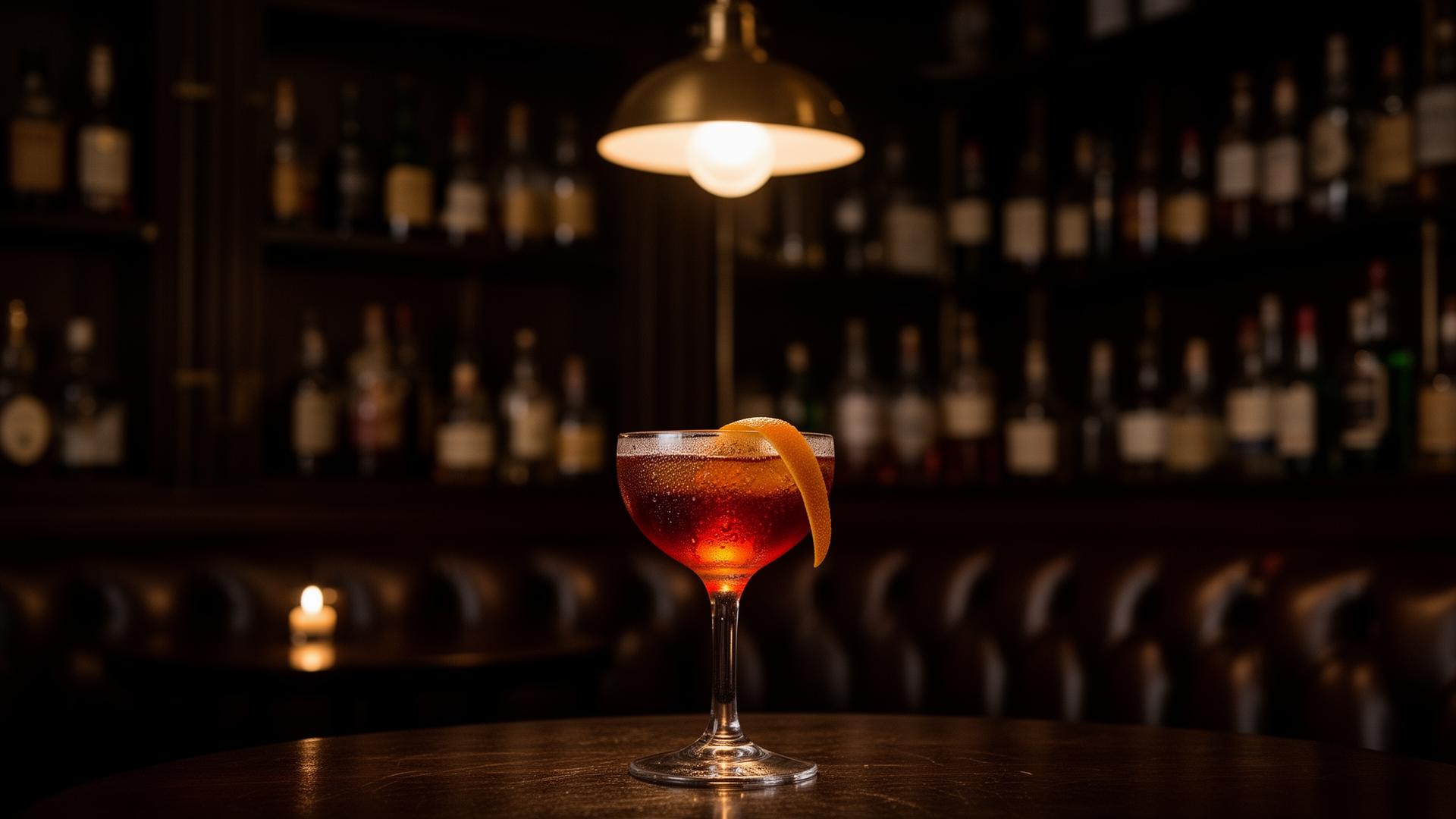 A dimly lit speakeasy bar with a coupe cocktail under a brass pendant lamp